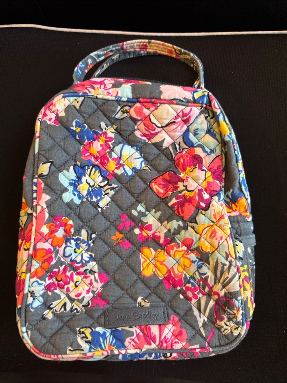 Vera Bradley Quilted Gray Floral Cosmetic Bag with Multicolor Blooms